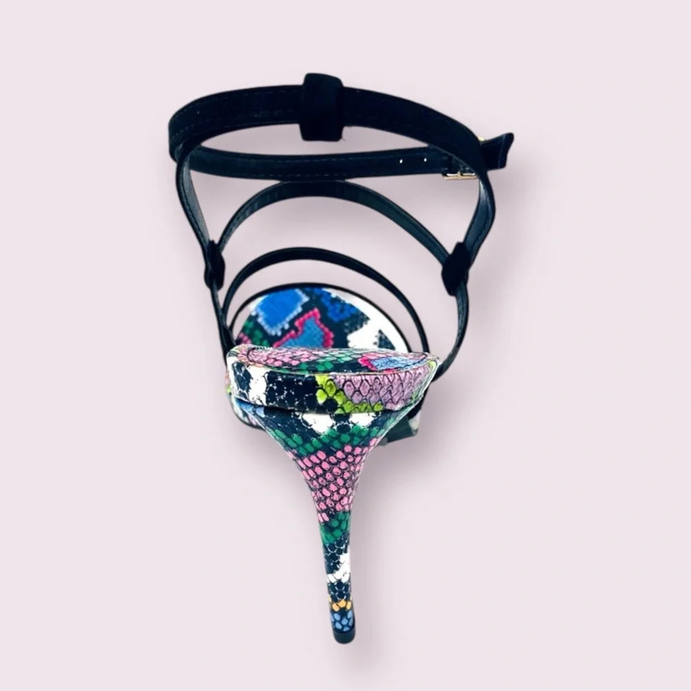 Anne Michelle Black Ankle Strap Snakeskin Heels - Picture 3 of 13